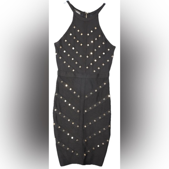 Womens Halter Neck Caging Stud Mesh  Bandage Black Gold Dress sz XS Sexy Mini - Picture 1 of 9